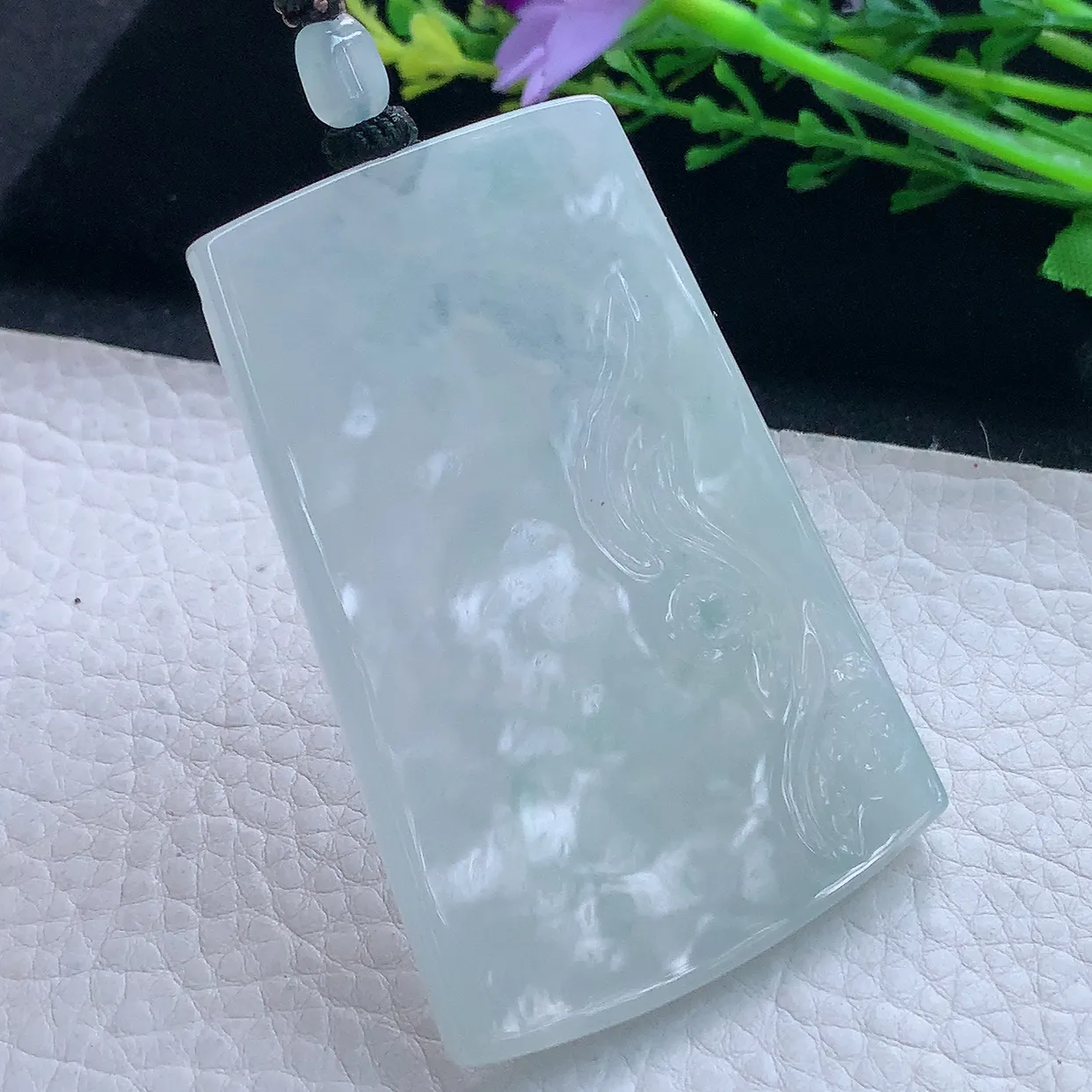 yl实拍65.6*44.5*5.8翡翠a货精雕冰晴底持莲观音 方牌玉观音玉吊坠 玉挂件