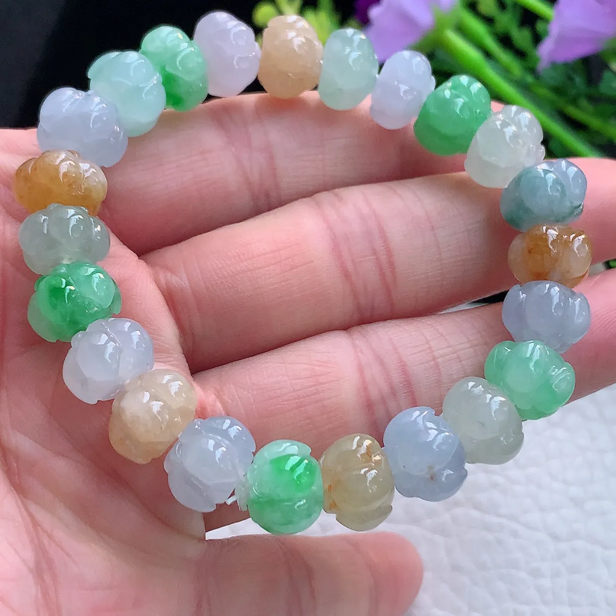 lz自然光10.2*7.8缅甸翡翠精雕冰三彩冰清玉洁 杮杮如意玉手链