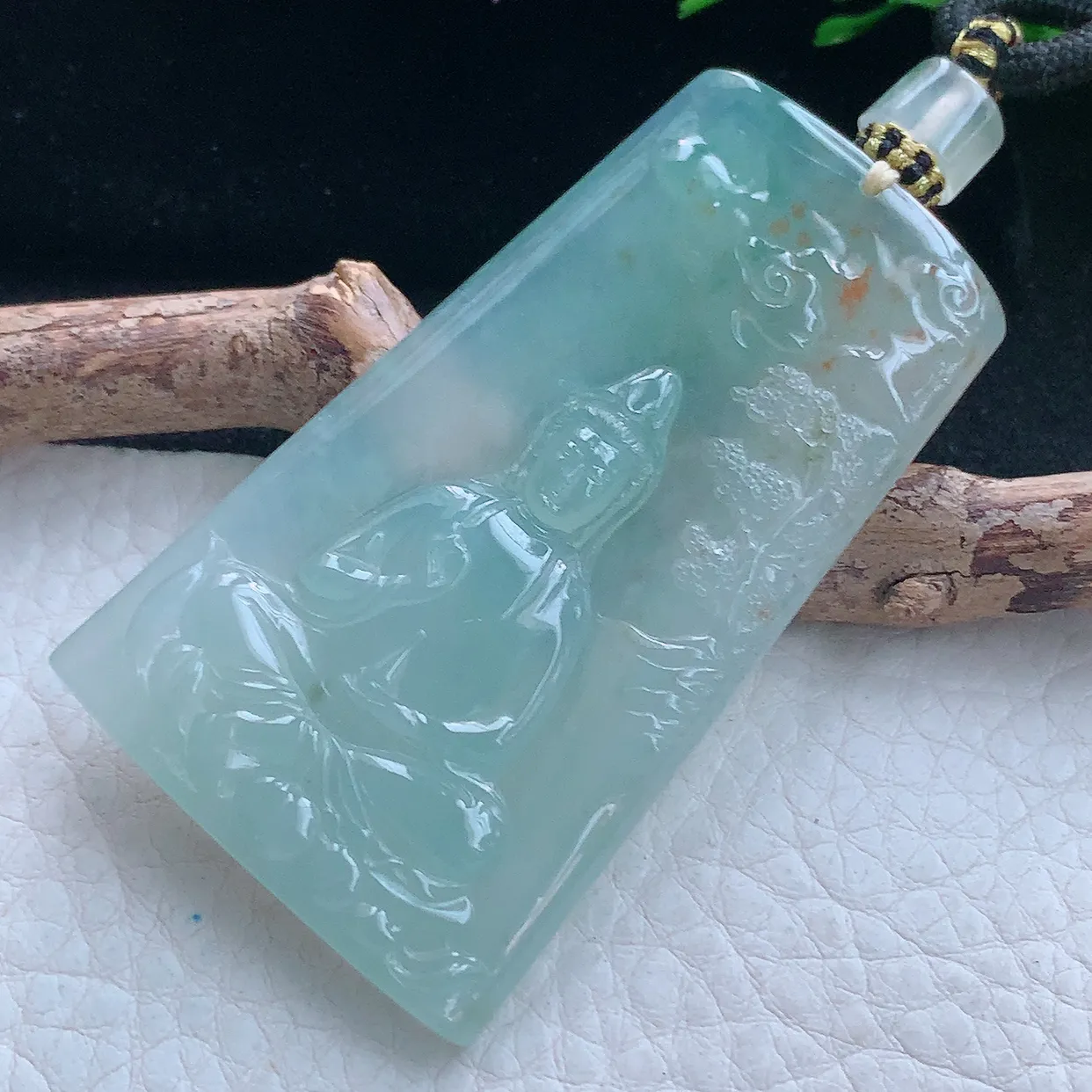 yl实拍62.8*36.8*5.8翡翠a货精雕冰种洒金花山水观音 净瓶观音玉吊坠 玉挂件