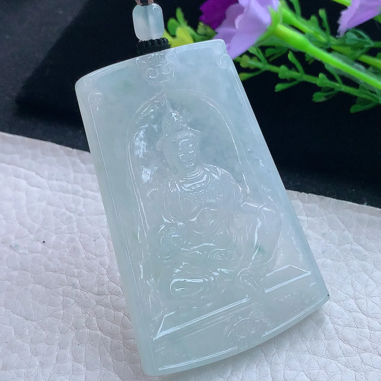 yl实拍65.6*44.5*5.8翡翠a货精雕冰晴底持莲观音 方牌玉观音玉吊坠 玉挂件