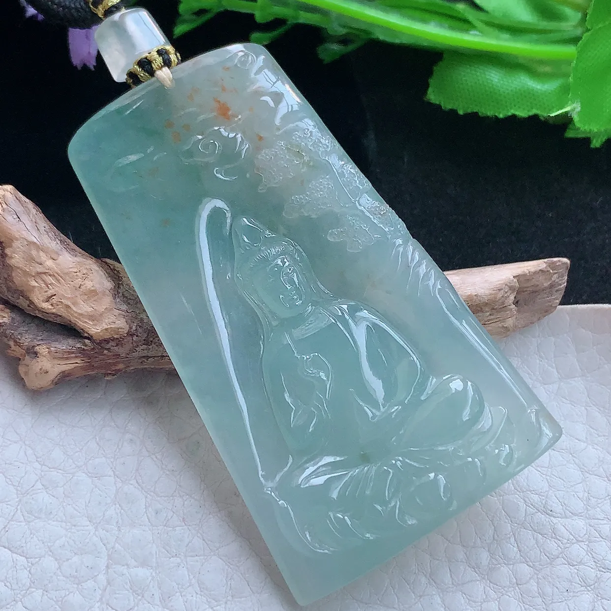 yl实拍62.8*36.8*5.8翡翠a货精雕冰种洒金花山水观音 净瓶观音玉吊坠 玉挂件