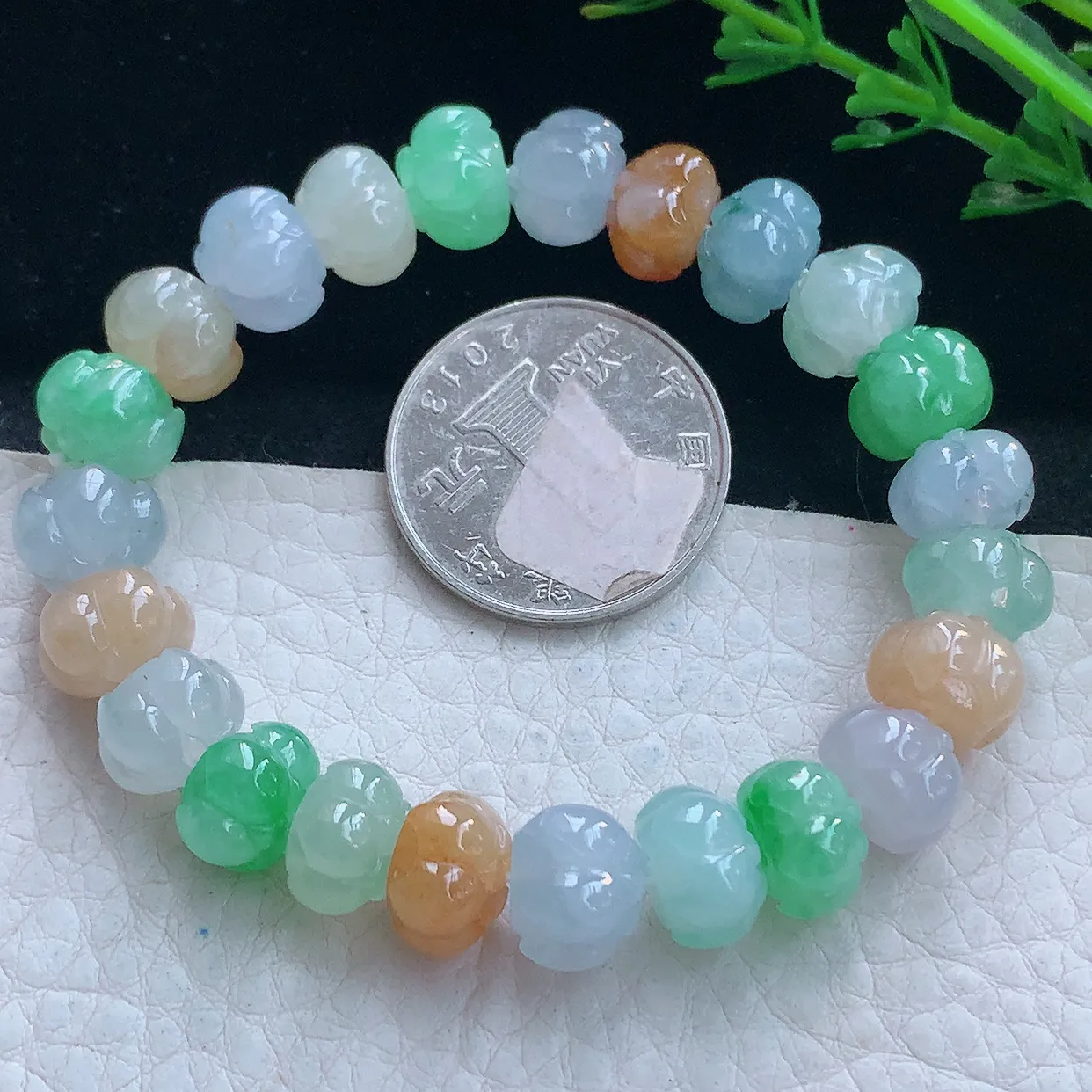 lz自然光10.2*7.8缅甸翡翠精雕冰三彩冰清玉洁 杮杮如意玉手链