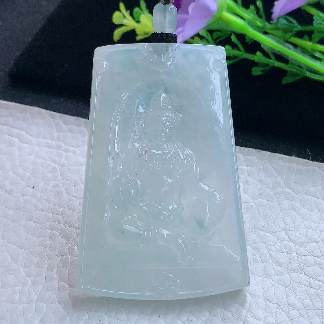 yl实拍65.6*44.5*5.8翡翠a货精雕冰晴底持莲观音 方牌玉观音玉吊坠 玉挂件