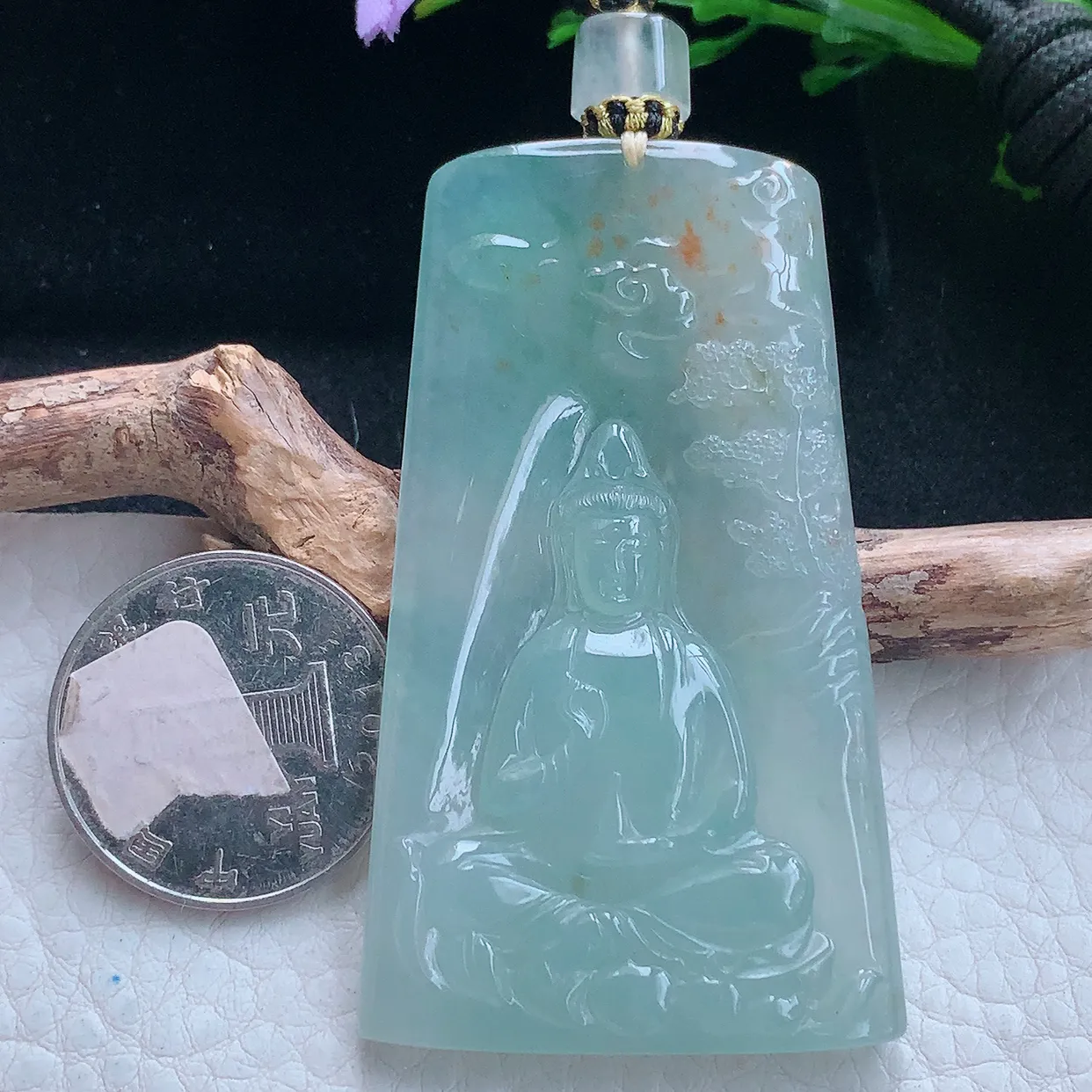 yl实拍62.8*36.8*5.8翡翠a货精雕冰种洒金花山水观音 净瓶观音玉吊坠 玉挂件