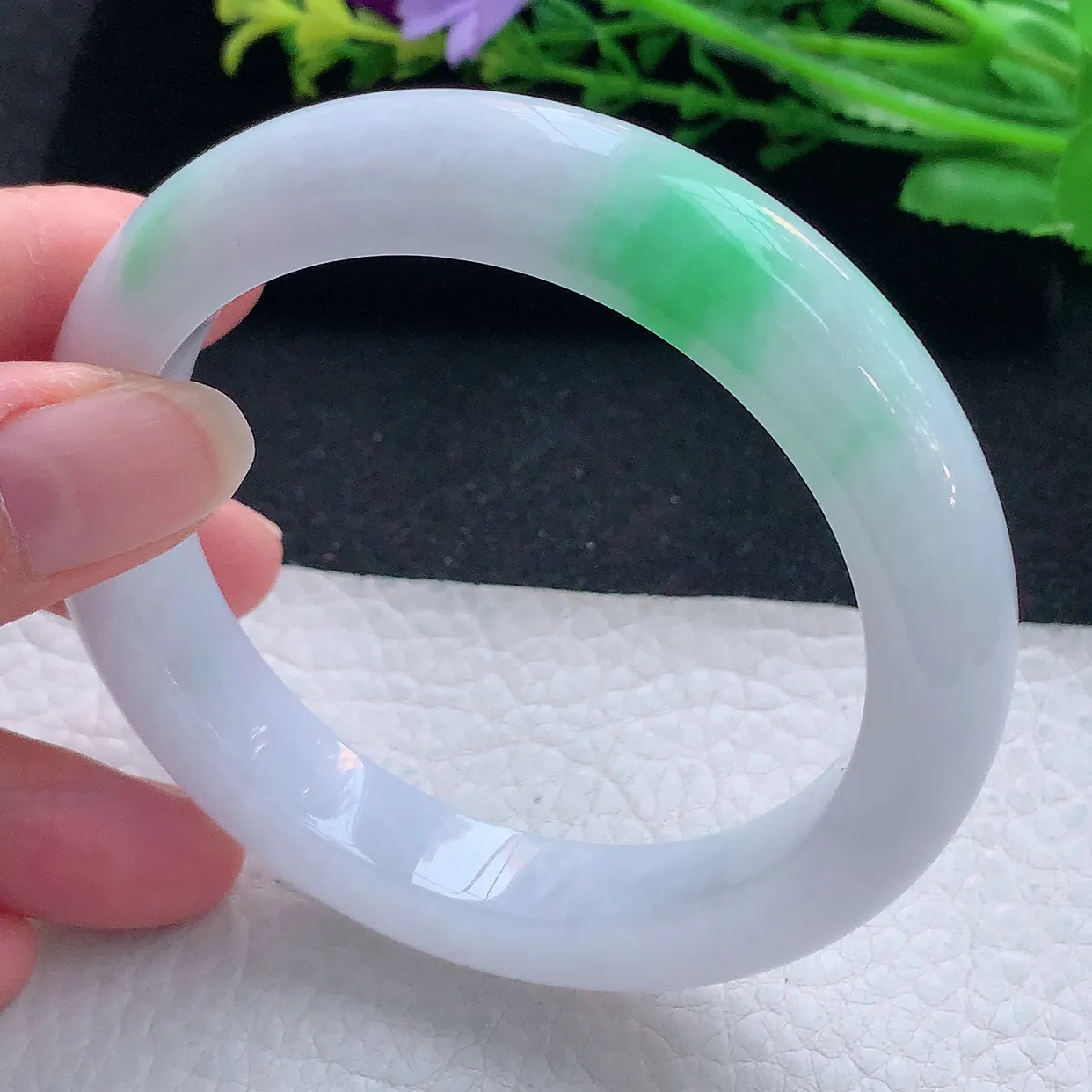 yh自然光59*11.8*9.8平安镯 翡翠a货玉手镯白底青宽边珠宝玉手环