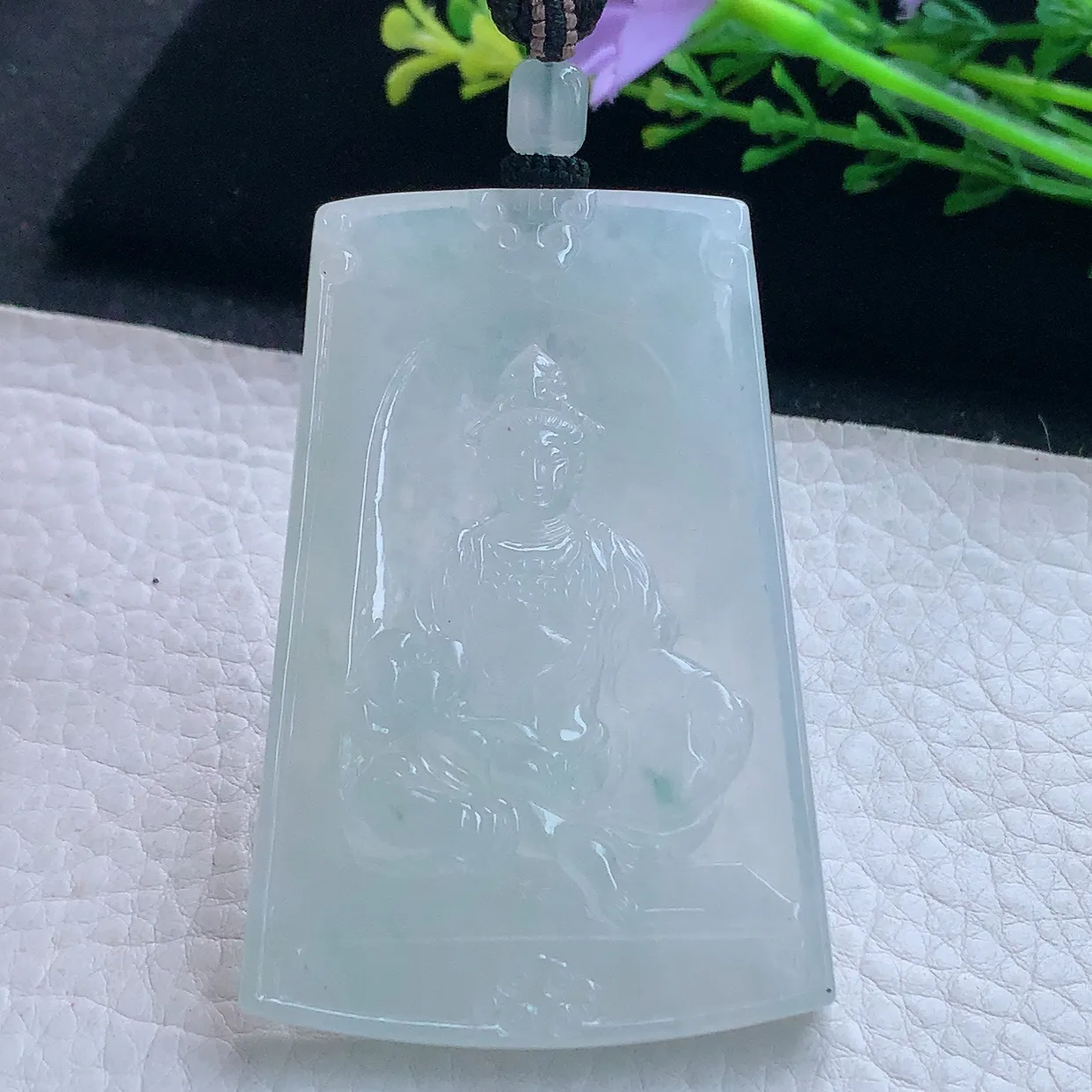 yl实拍65.6*44.5*5.8翡翠a货精雕冰晴底持莲观音 方牌玉观音玉吊坠 玉挂件