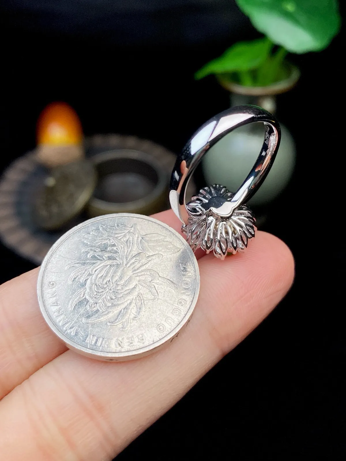 【冰种满绿福豆戒指】种水色俱全，冰透闪亮，通透感饱满度很好，18k金钻镶嵌，裸石尺寸11.8*5.5*3.4毫米，圈口可改