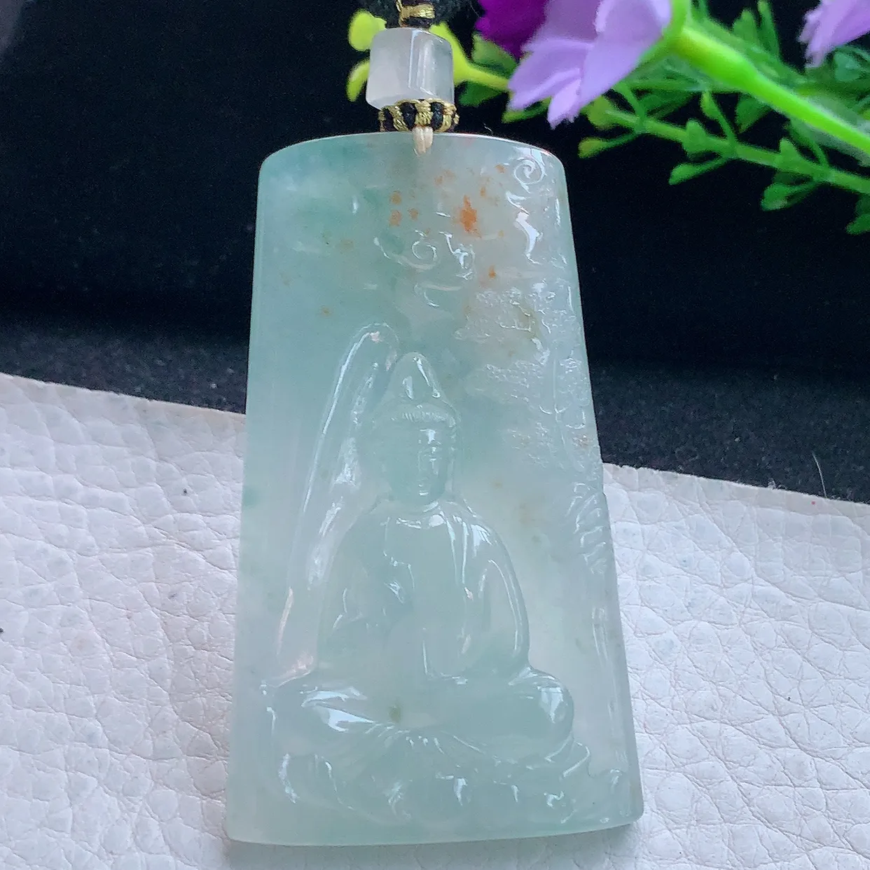 yl实拍62.8*36.8*5.8翡翠a货精雕冰种洒金花山水观音 净瓶观音玉吊坠 玉挂件