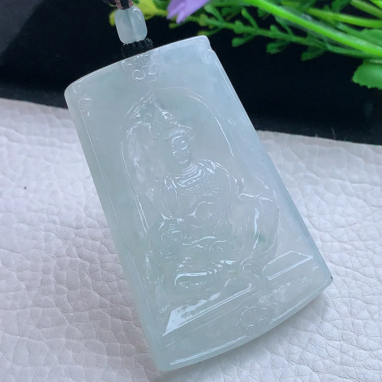 yl实拍65.6*44.5*5.8翡翠a货精雕冰晴底持莲观音 方牌玉观音玉吊坠 玉挂件