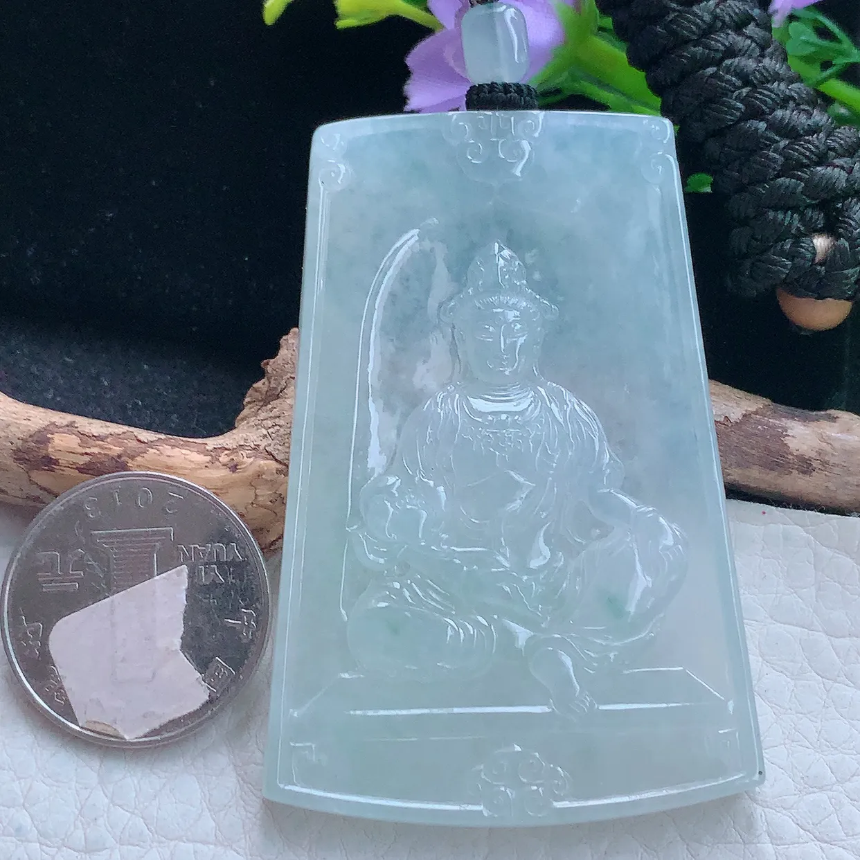yl实拍65.6*44.5*5.8翡翠a货精雕冰晴底持莲观音 方牌玉观音玉吊坠 玉挂件