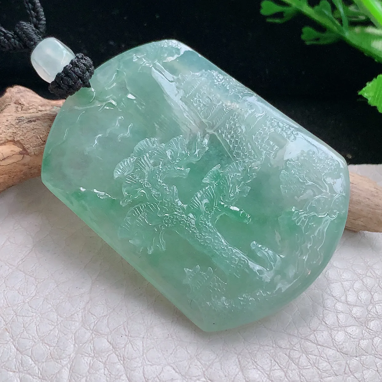 yl实拍50*37.5*5.6天然缅甸翡翠冰飘花山水牌吊坠 精雕悠然自得玉坠渊源流长