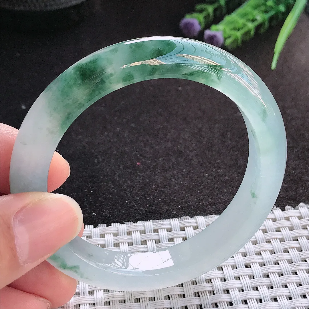 天然A货翡翠54.5/10.7/8.8老坑冰透果冻胶冰飘花手镯宽边玉镯