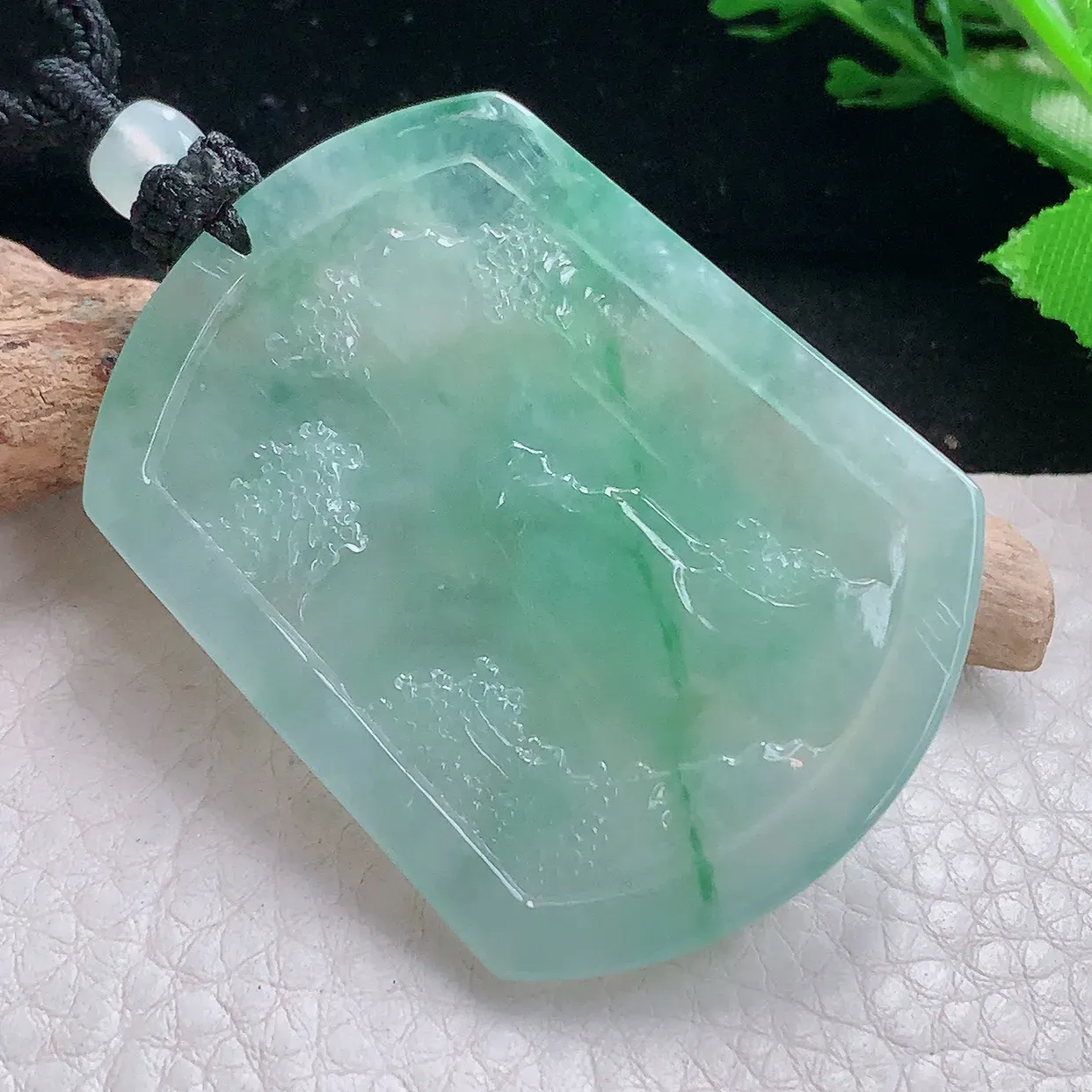 yl实拍50*37.5*5.6天然缅甸翡翠冰飘花山水牌吊坠 精雕悠然自得玉坠渊源流长