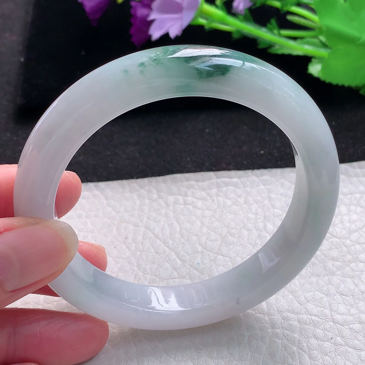 js自然光59*12*9平安镯 缅甸翡翠A货飘花宽边玉手镯玉手环