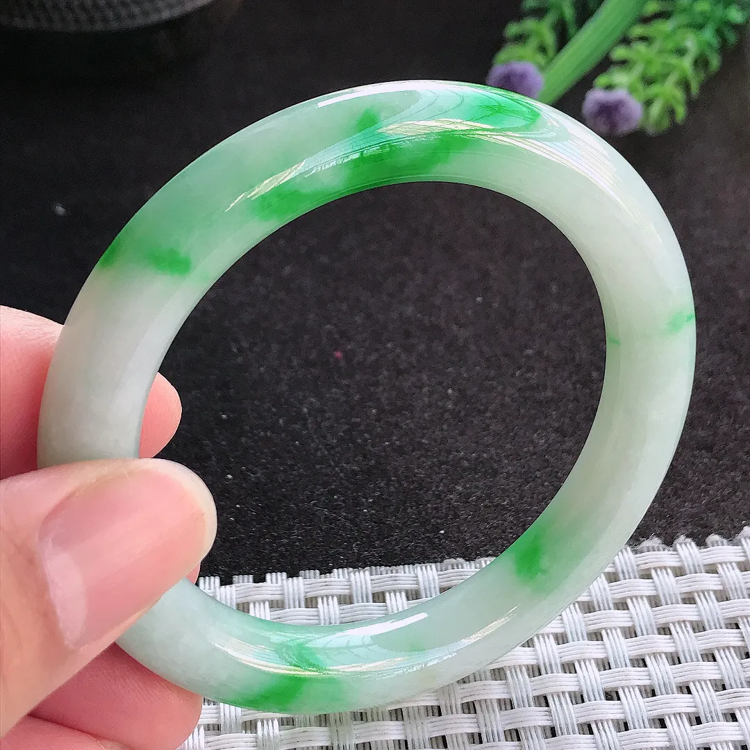 天然A货翡翠52.5/9.3/9.5老坑精美辣阳绿圆条手镯翡翠玉镯