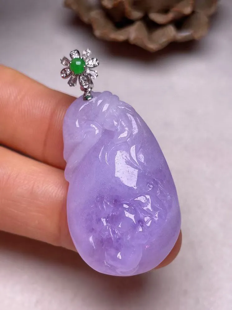 冰糯种紫罗兰【代代有福】吊坠、真金真钻镶嵌，种水好，玉质细腻 .裸石尺寸 36.0*21.0