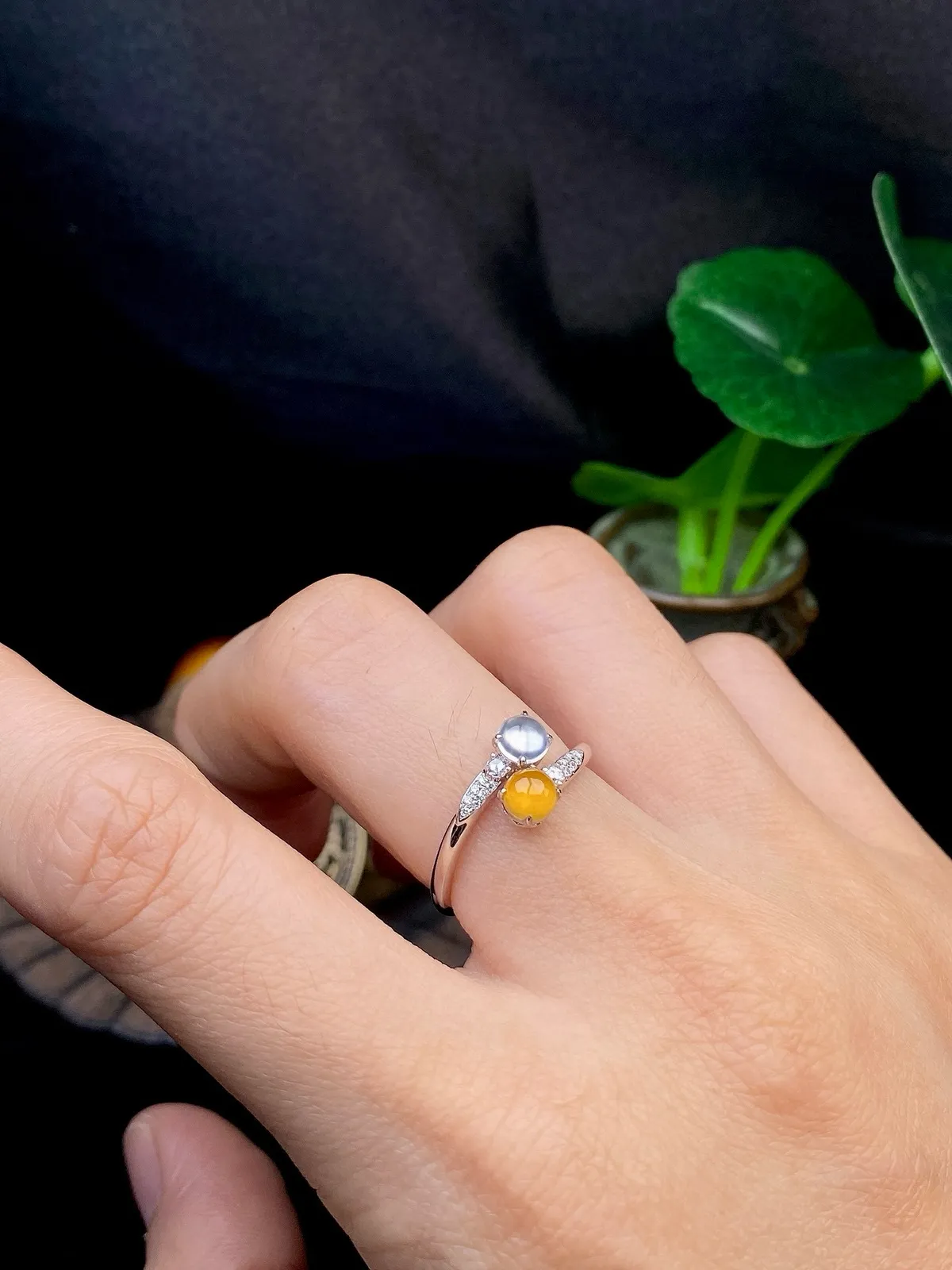 【冰种黄+白蛋面戒指】质地细腻，饱满度很好，晶莹剔透，18k金钻镶嵌，裸石尺寸4.4*2.6毫米