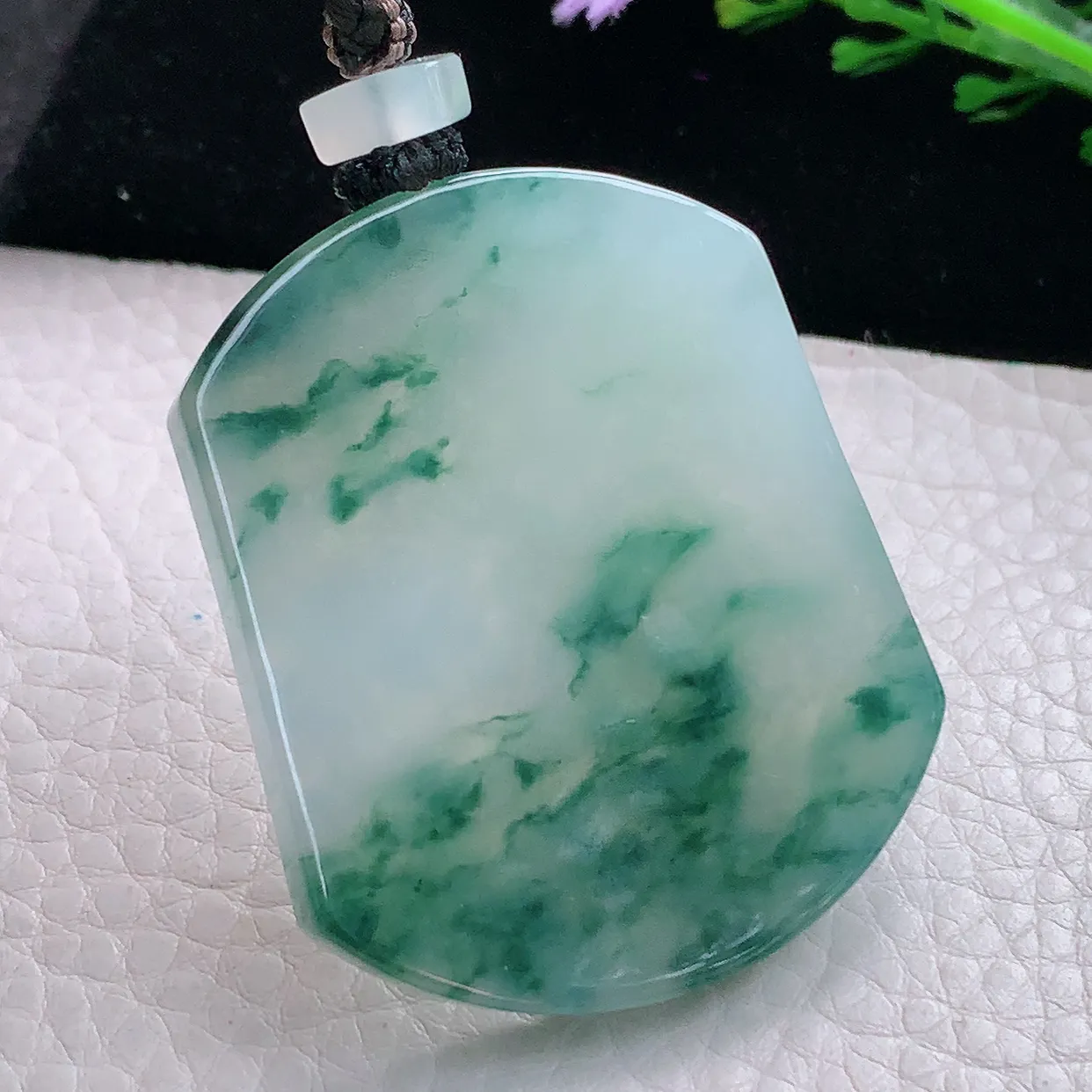 yl实拍49.8*41*6.2天然缅甸翡翠冰飘花意境无事牌吊坠 素面简单玉坠