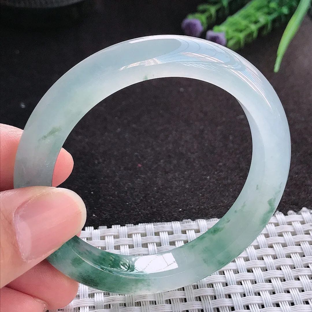 天然A货翡翠54.5/10.7/8.8老坑冰透果冻胶冰飘花手镯宽边玉镯