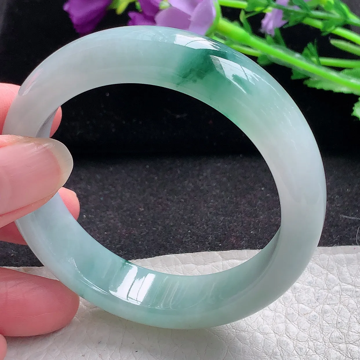 jm小圈口53*14.3*8平安镯 缅甸翡翠A货冰飘花宽边玉手镯玉手环