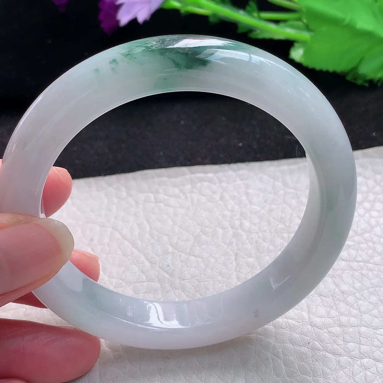 js自然光59*12*9平安镯 缅甸翡翠A货飘花宽边玉手镯玉手环