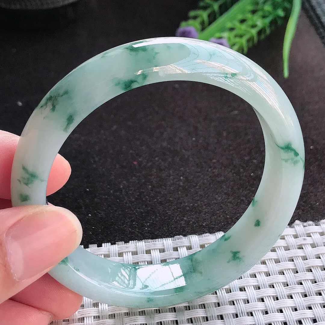 天然A货翡翠58/13.5/8.1老坑冰润起胶飘花手镯宽边玉镯