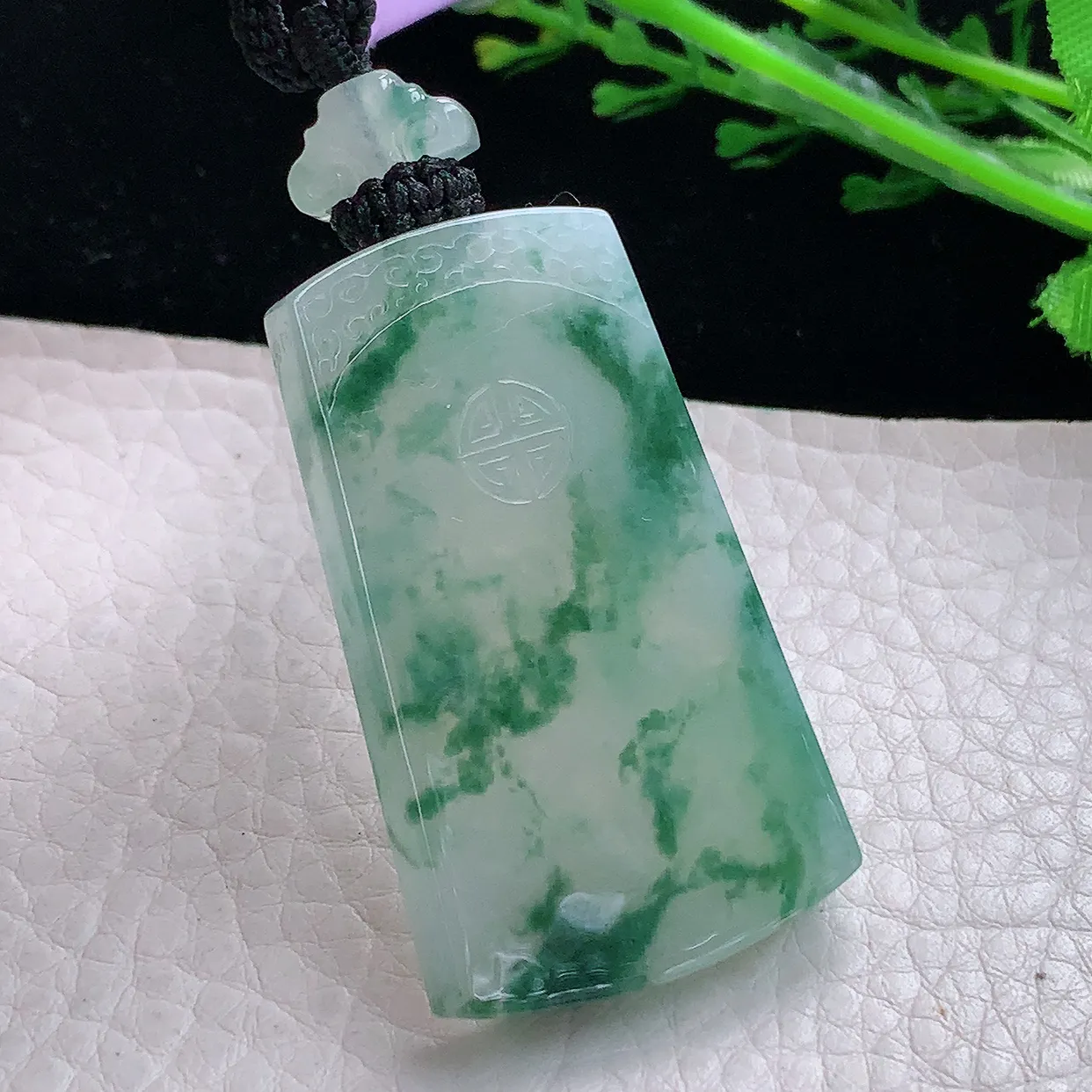 yl实拍46.3*27*6天然缅甸翡翠冰飘花平安无事牌吊坠 意境素面牌玉坠