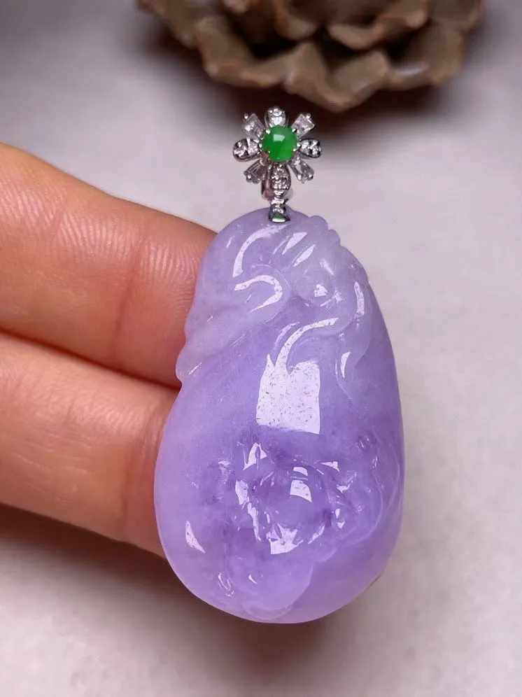 冰糯种紫罗兰【代代有福】吊坠、真金真钻镶嵌，种水好，玉质细腻 .裸石尺寸 36.0*21.0