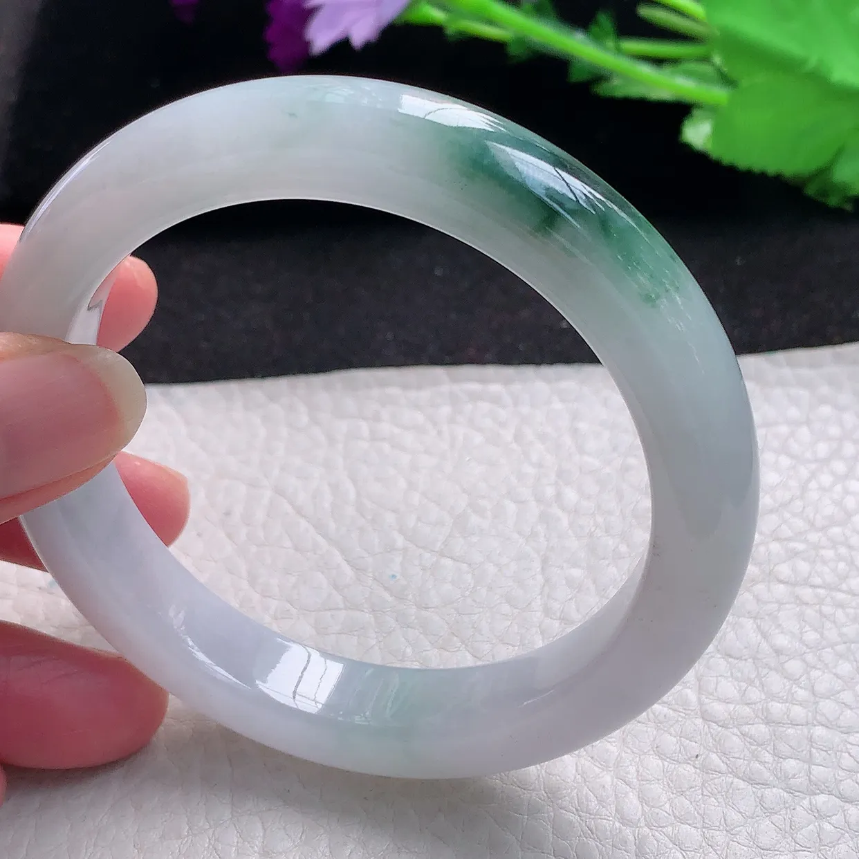 js自然光59*12*9平安镯 缅甸翡翠A货飘花宽边玉手镯玉手环