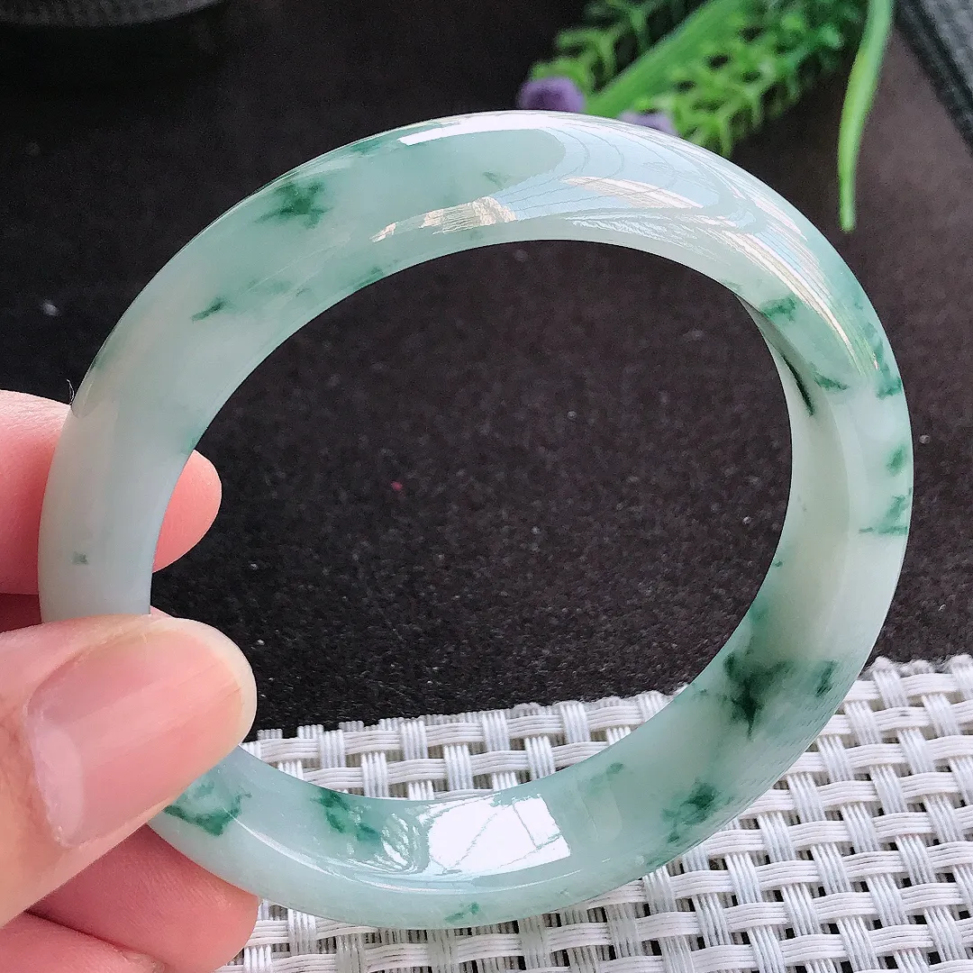 天然A货翡翠58/13.5/8.1老坑冰润起胶飘花手镯宽边玉镯