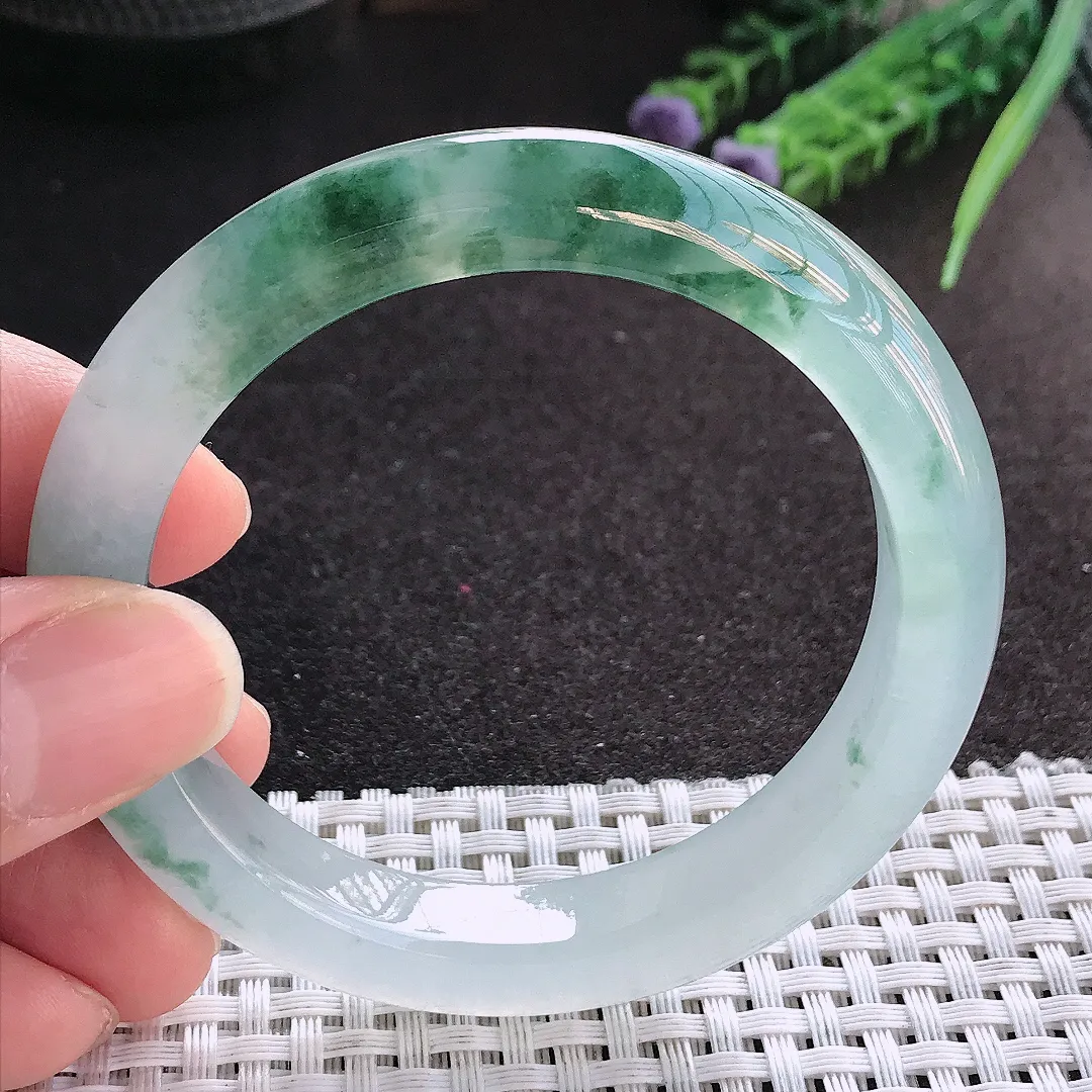 天然A货翡翠54.5/10.7/8.8老坑冰透果冻胶冰飘花手镯宽边玉镯