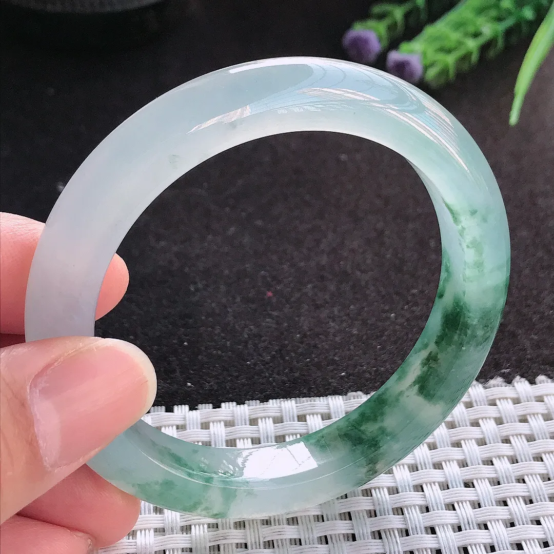 天然A货翡翠54.5/10.7/8.8老坑冰透果冻胶冰飘花手镯宽边玉镯