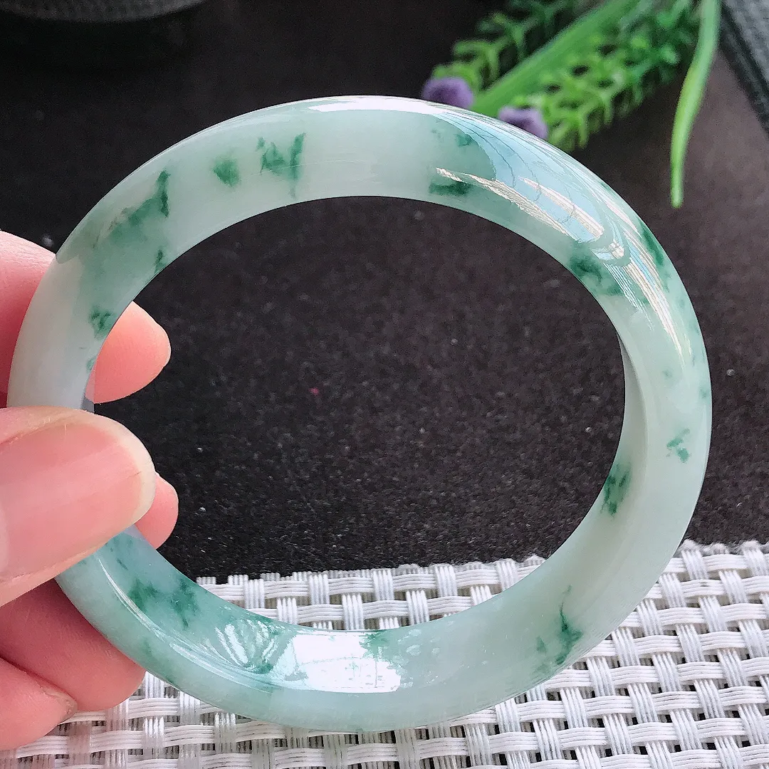 天然A货翡翠58/13.5/8.1老坑冰润起胶飘花手镯宽边玉镯