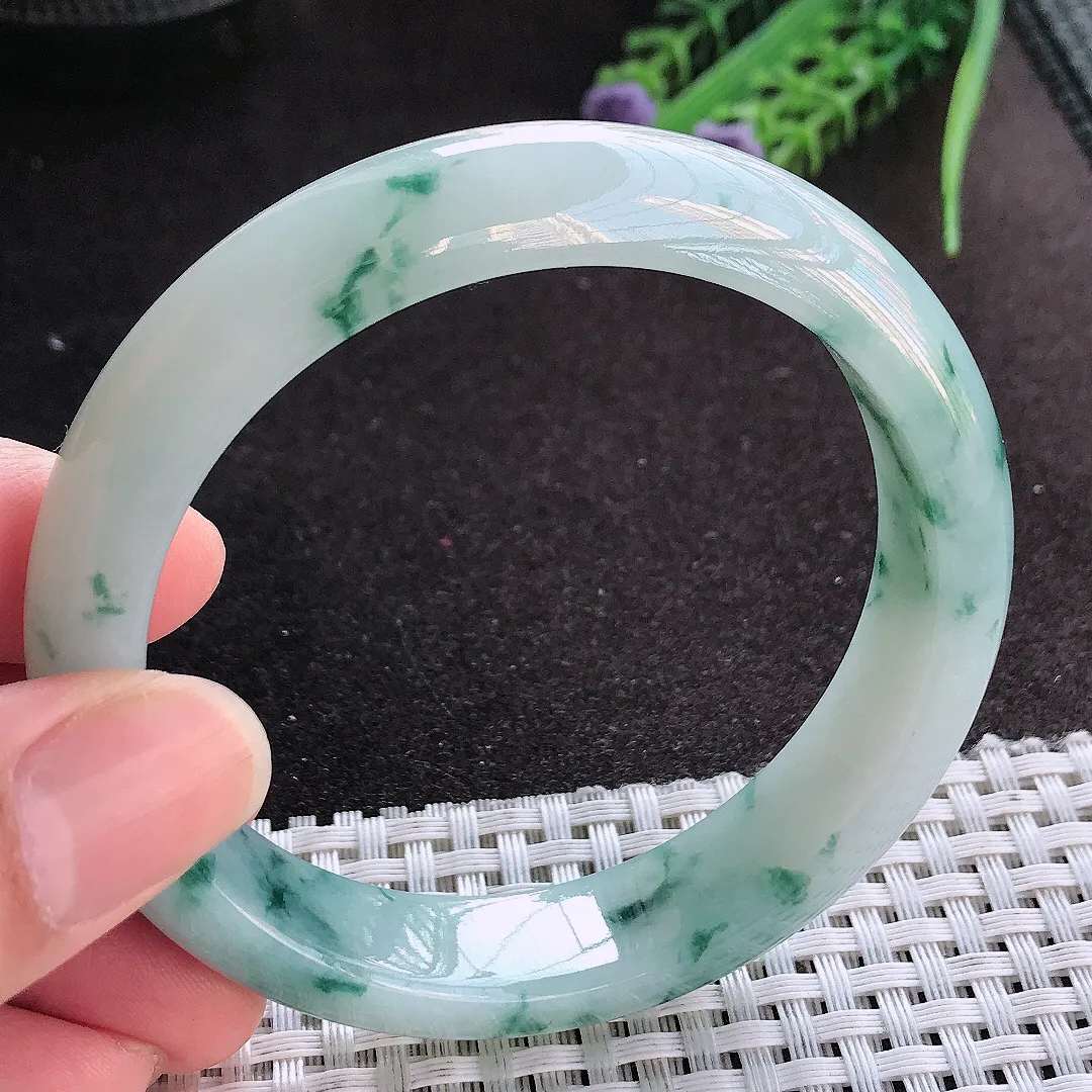 天然A货翡翠58/13.5/8.1老坑冰润起胶飘花手镯宽边玉镯