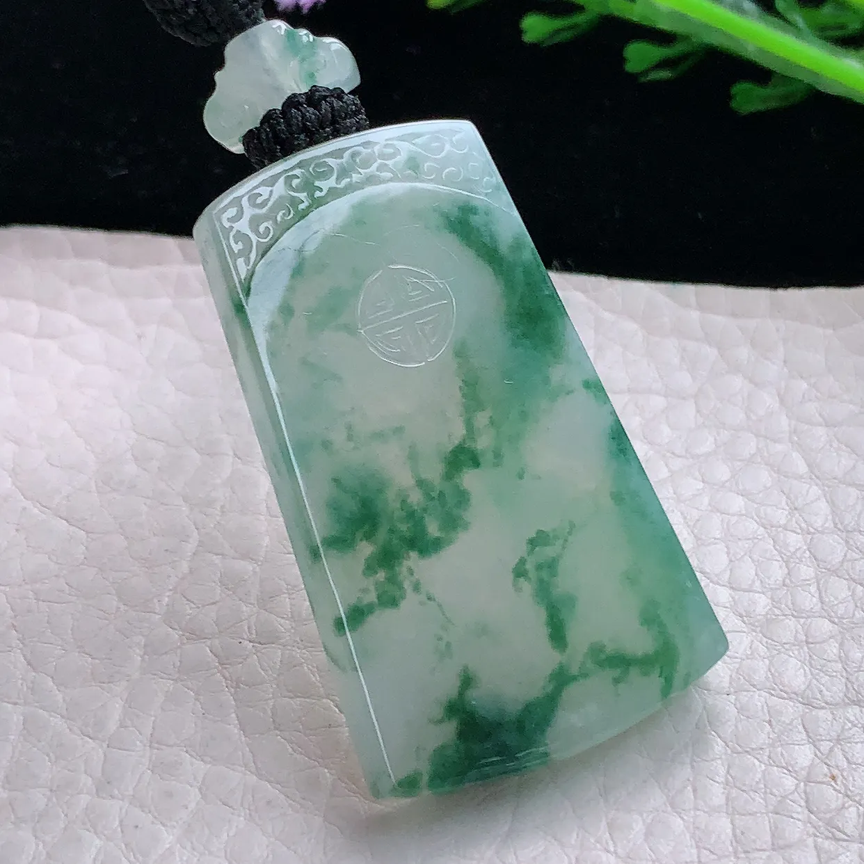 yl实拍46.3*27*6天然缅甸翡翠冰飘花平安无事牌吊坠 意境素面牌玉坠