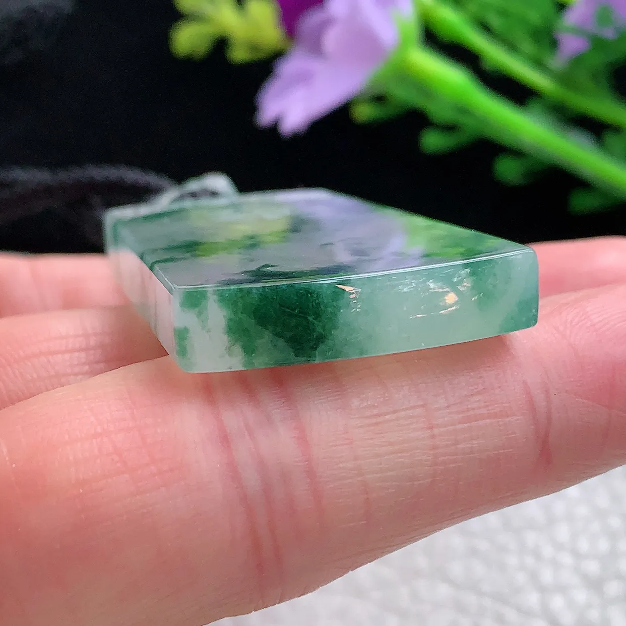 yl实拍46.3*27*6天然缅甸翡翠冰飘花平安无事牌吊坠 意境素面牌玉坠