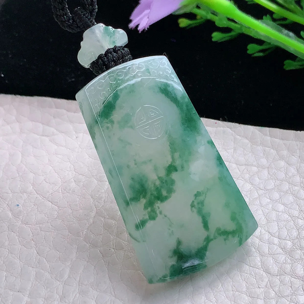 yl实拍46.3*27*6天然缅甸翡翠冰飘花平安无事牌吊坠 意境素面牌玉坠