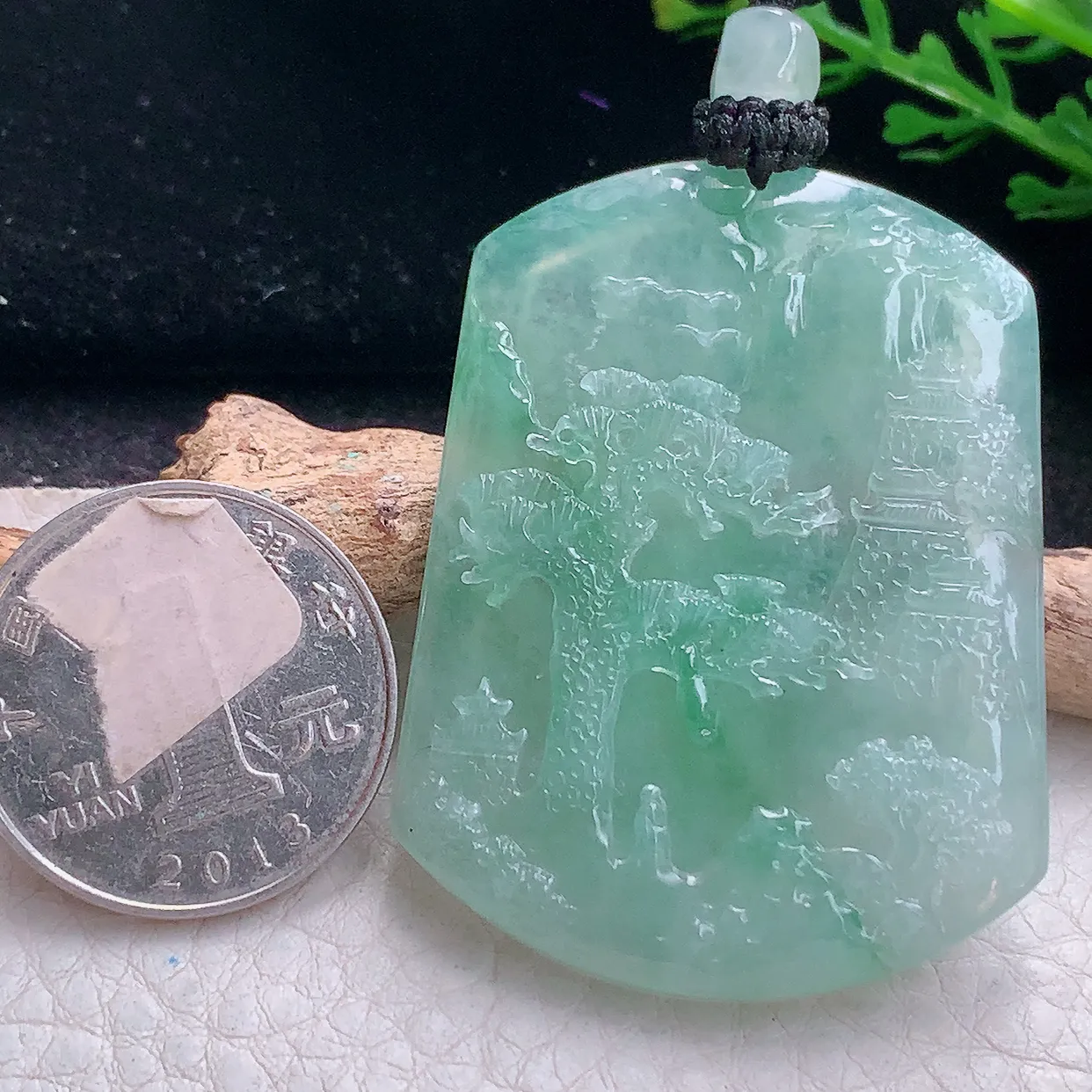 yl实拍50*37.5*5.6天然缅甸翡翠冰飘花山水牌吊坠 精雕悠然自得玉坠渊源流长