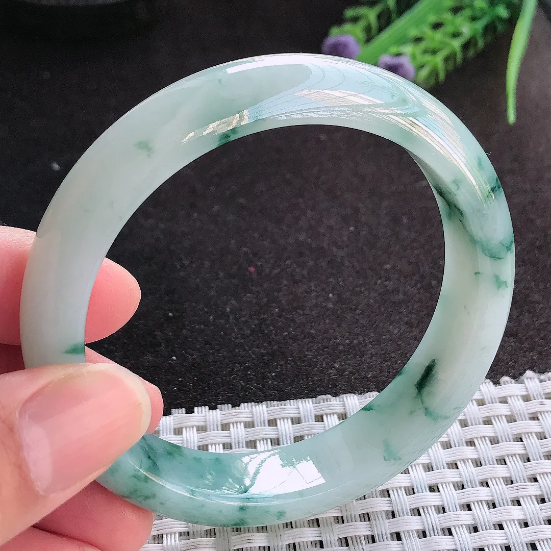 天然A货翡翠58/13.5/8.1老坑冰润起胶飘花手镯宽边玉镯