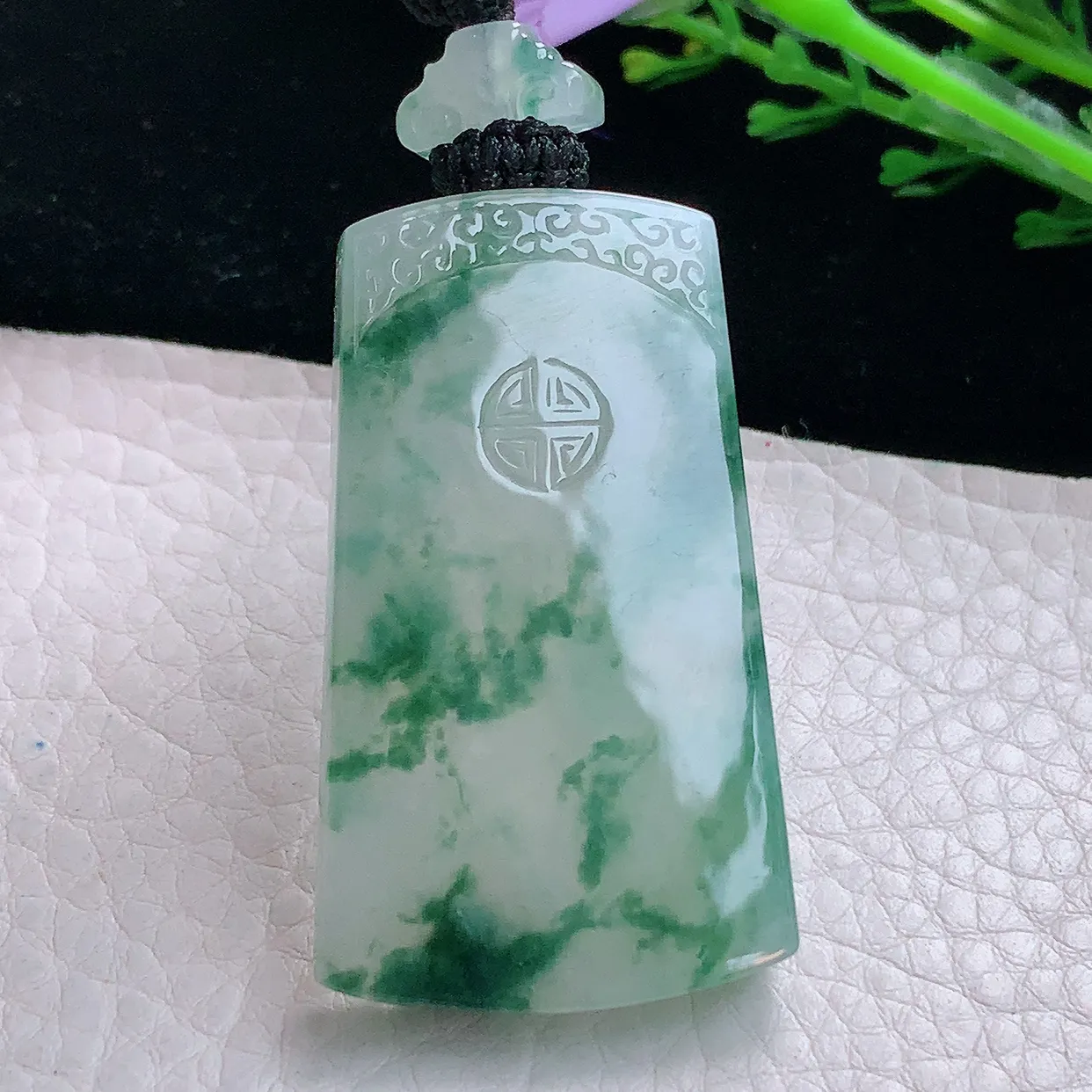 yl实拍46.3*27*6天然缅甸翡翠冰飘花平安无事牌吊坠 意境素面牌玉坠