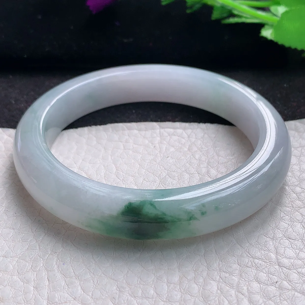 js自然光59*12*9平安镯 缅甸翡翠A货飘花宽边玉手镯玉手环