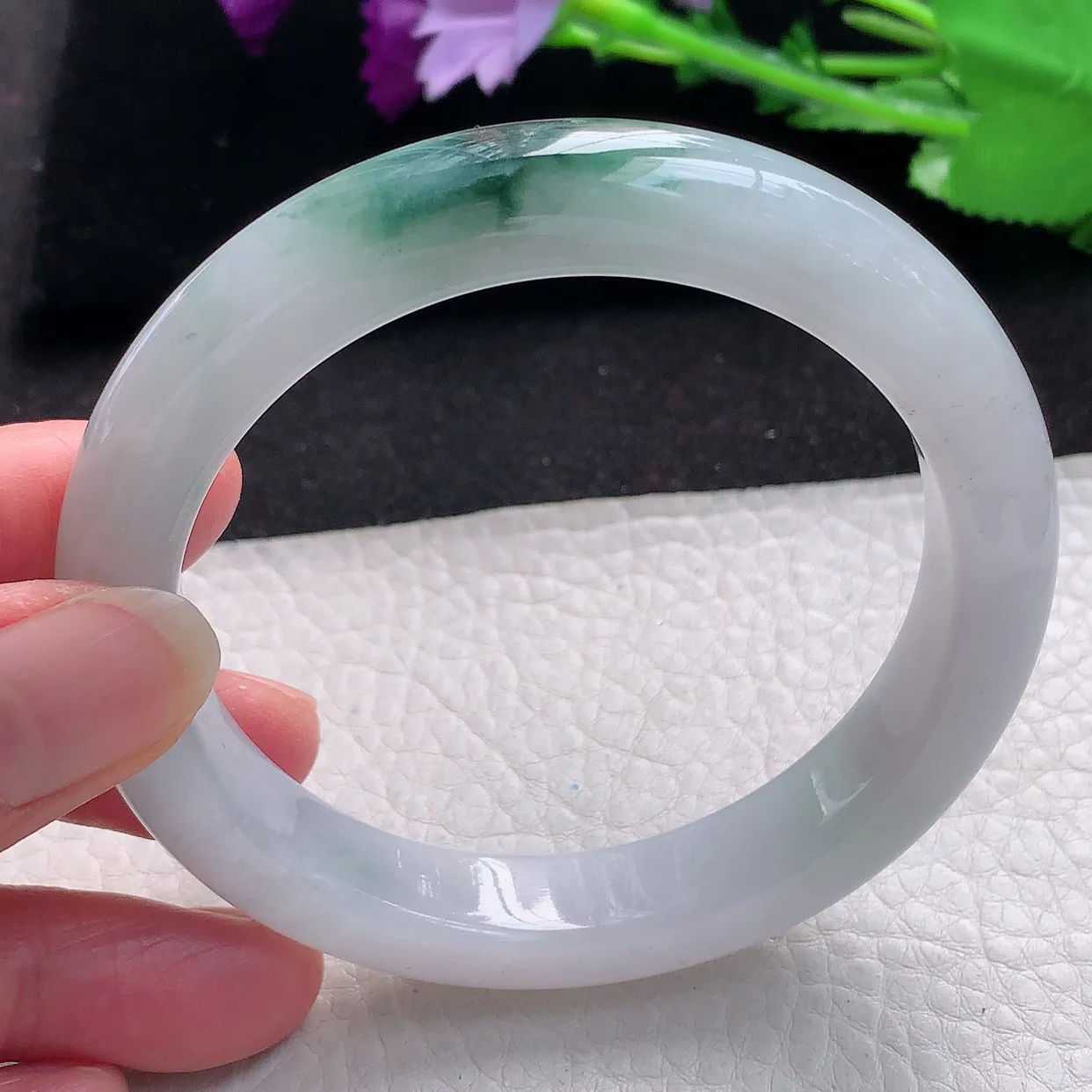 js自然光59*12*9平安镯 缅甸翡翠A货飘花宽边玉手镯玉手环