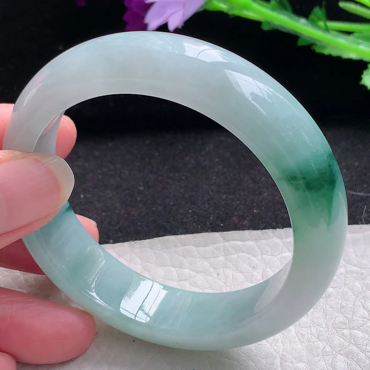 jm小圈口53*14.3*8平安镯 缅甸翡翠A货冰飘花宽边玉手镯玉手环