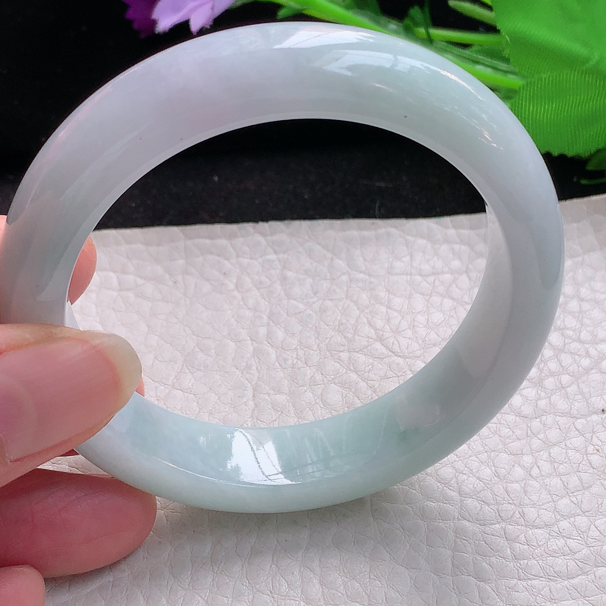 z自然光55*12.8*8.8平安镯 缅甸翡翠A货淡春带彩宽边玉手镯玉手环