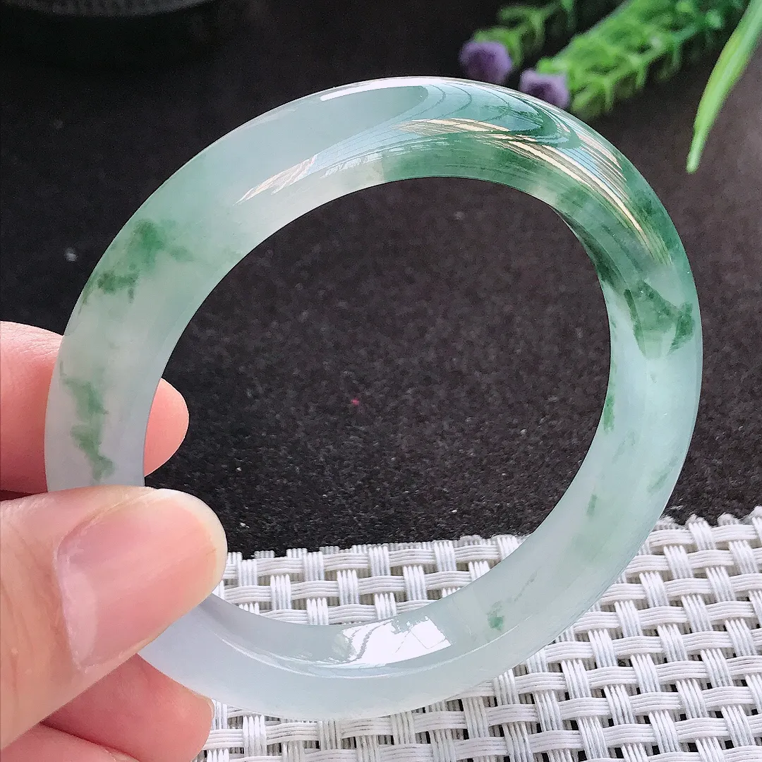 天然A货翡翠54.5/10.7/8.8老坑冰透果冻胶冰飘花手镯宽边玉镯