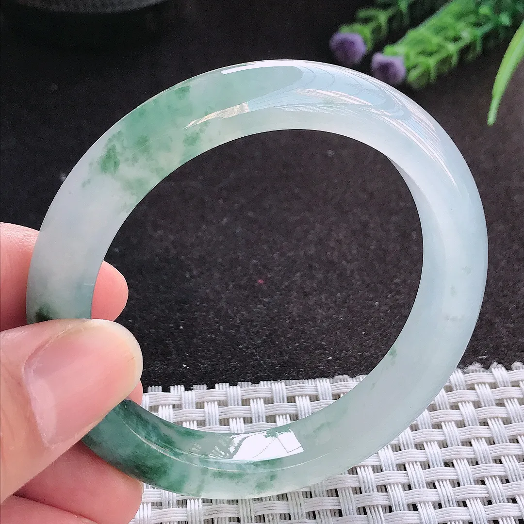 天然A货翡翠54.5/10.7/8.8老坑冰透果冻胶冰飘花手镯宽边玉镯