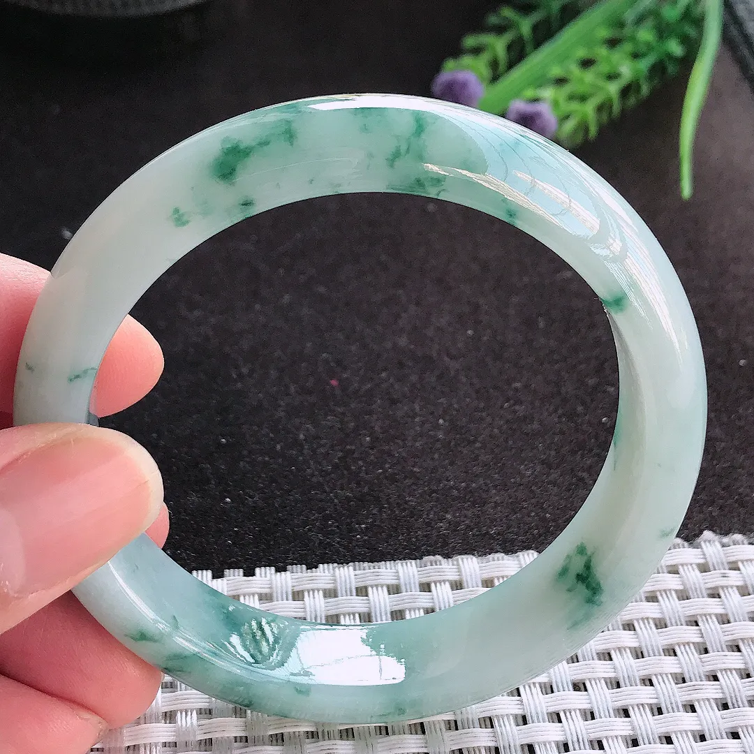 天然A货翡翠58/13.5/8.1老坑冰润起胶飘花手镯宽边玉镯