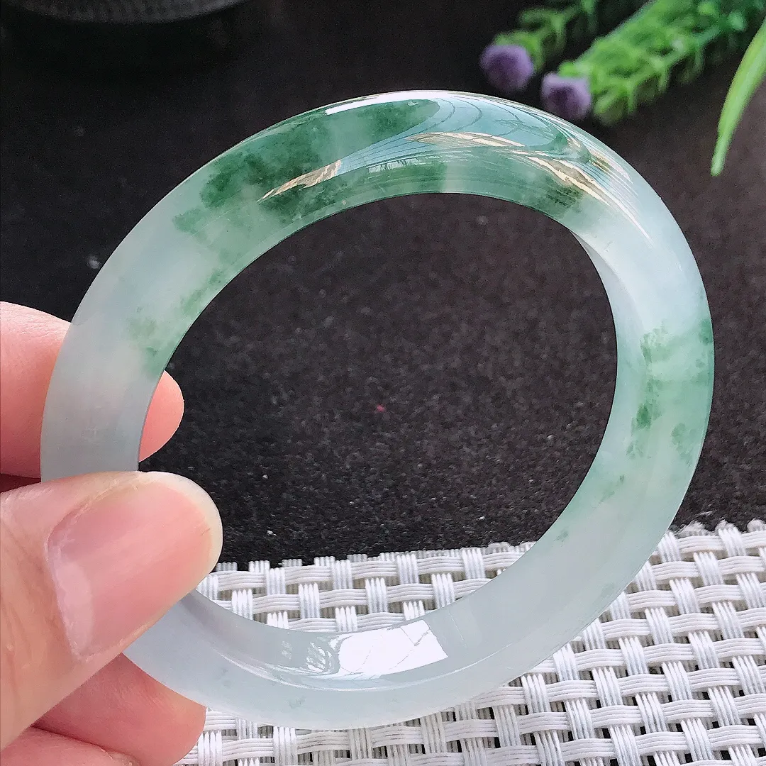 天然A货翡翠54.5/10.7/8.8老坑冰透果冻胶冰飘花手镯宽边玉镯