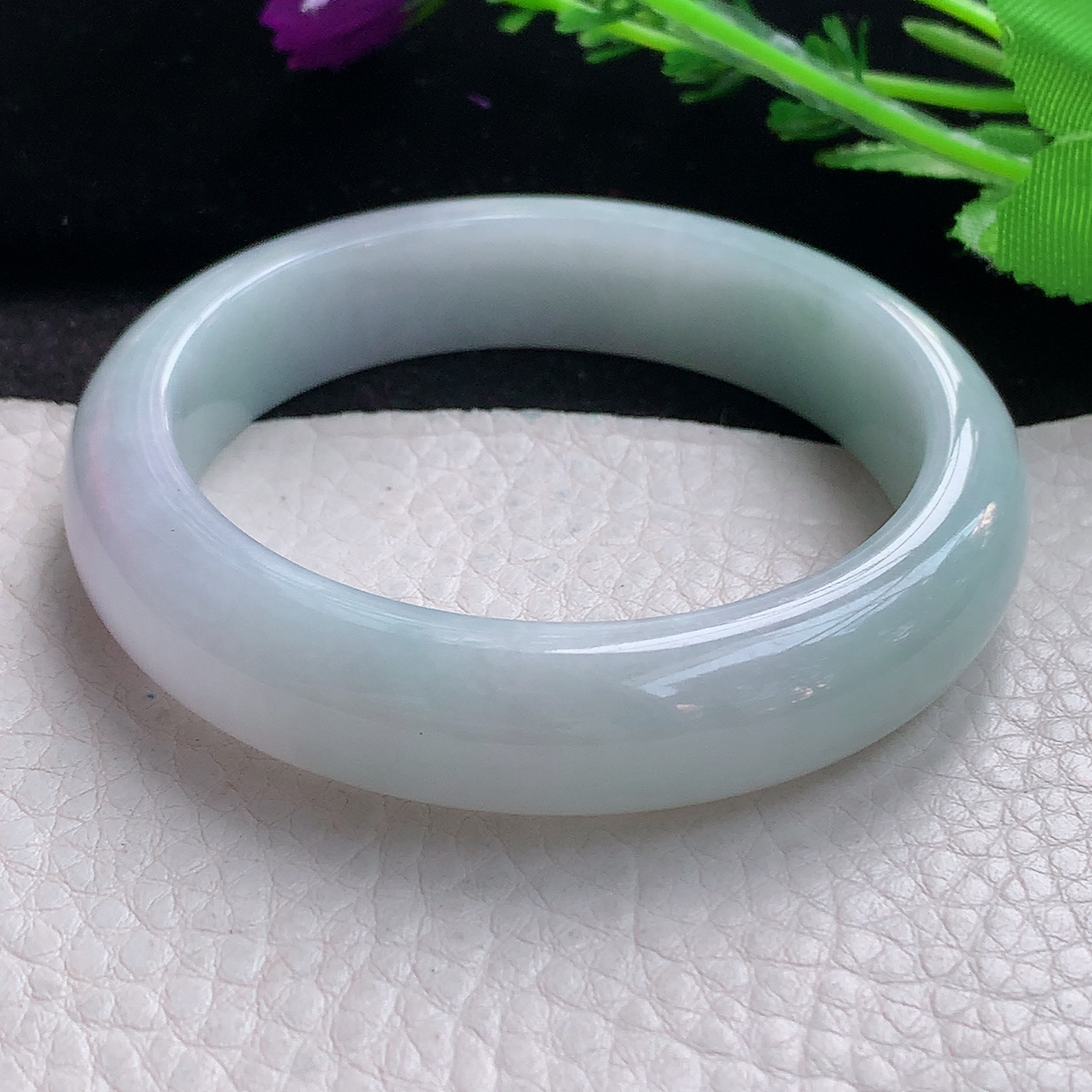 z自然光55*12.8*8.8平安镯 缅甸翡翠A货淡春带彩宽边玉手镯玉手环