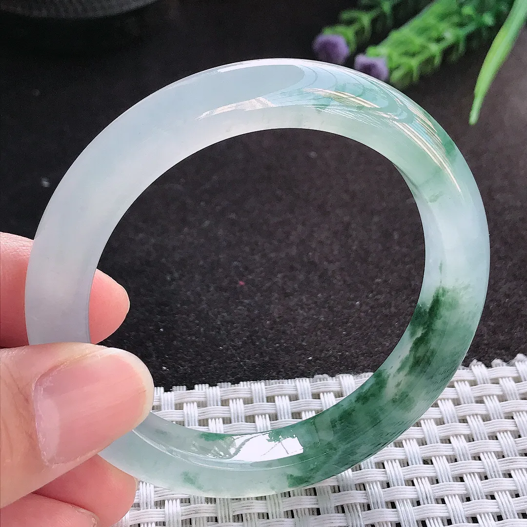 天然A货翡翠54.5/10.7/8.8老坑冰透果冻胶冰飘花手镯宽边玉镯